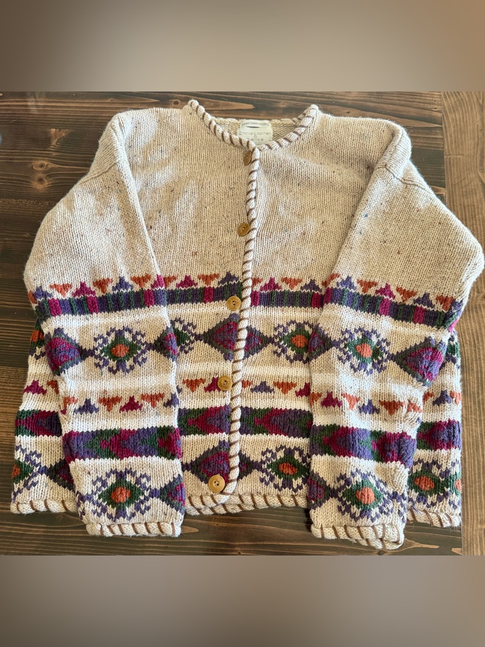 Christopher & Banks Oatmeal Fair Isle Hand Embroidered Cardigan Sweater M